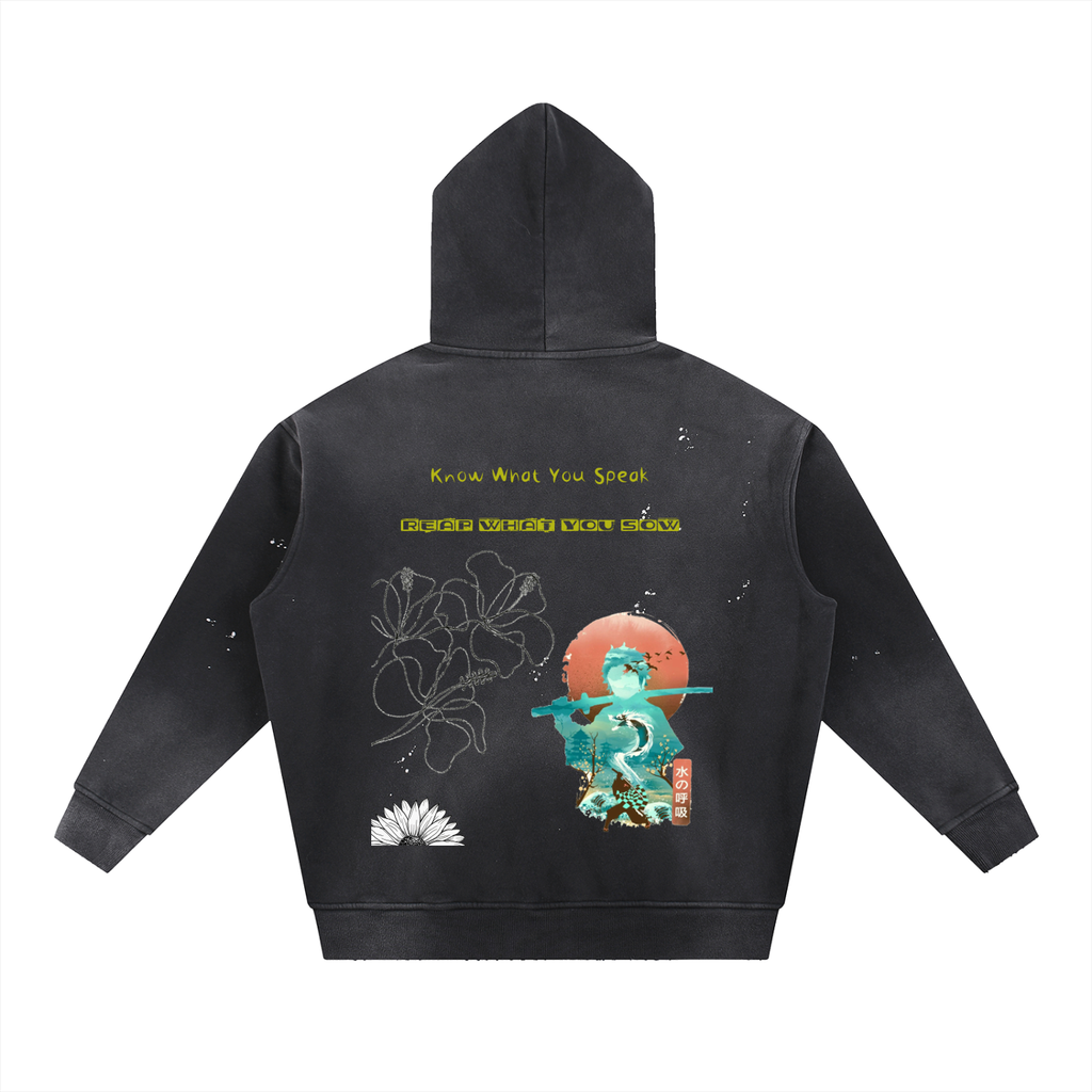 Vintage Washed Frayed Fleece Hoodie