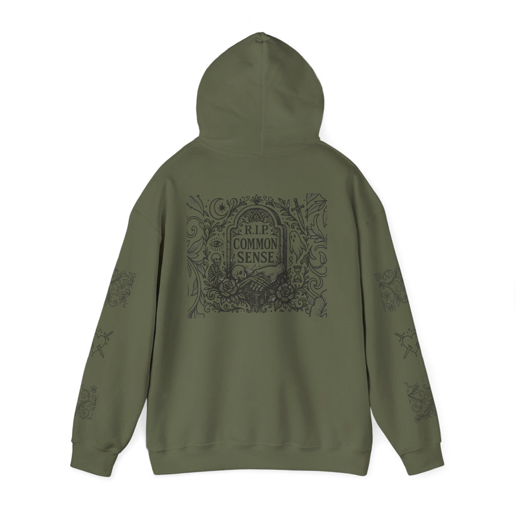 RIP Common Sense hoodie | Tombstone floral design, Gothic statement