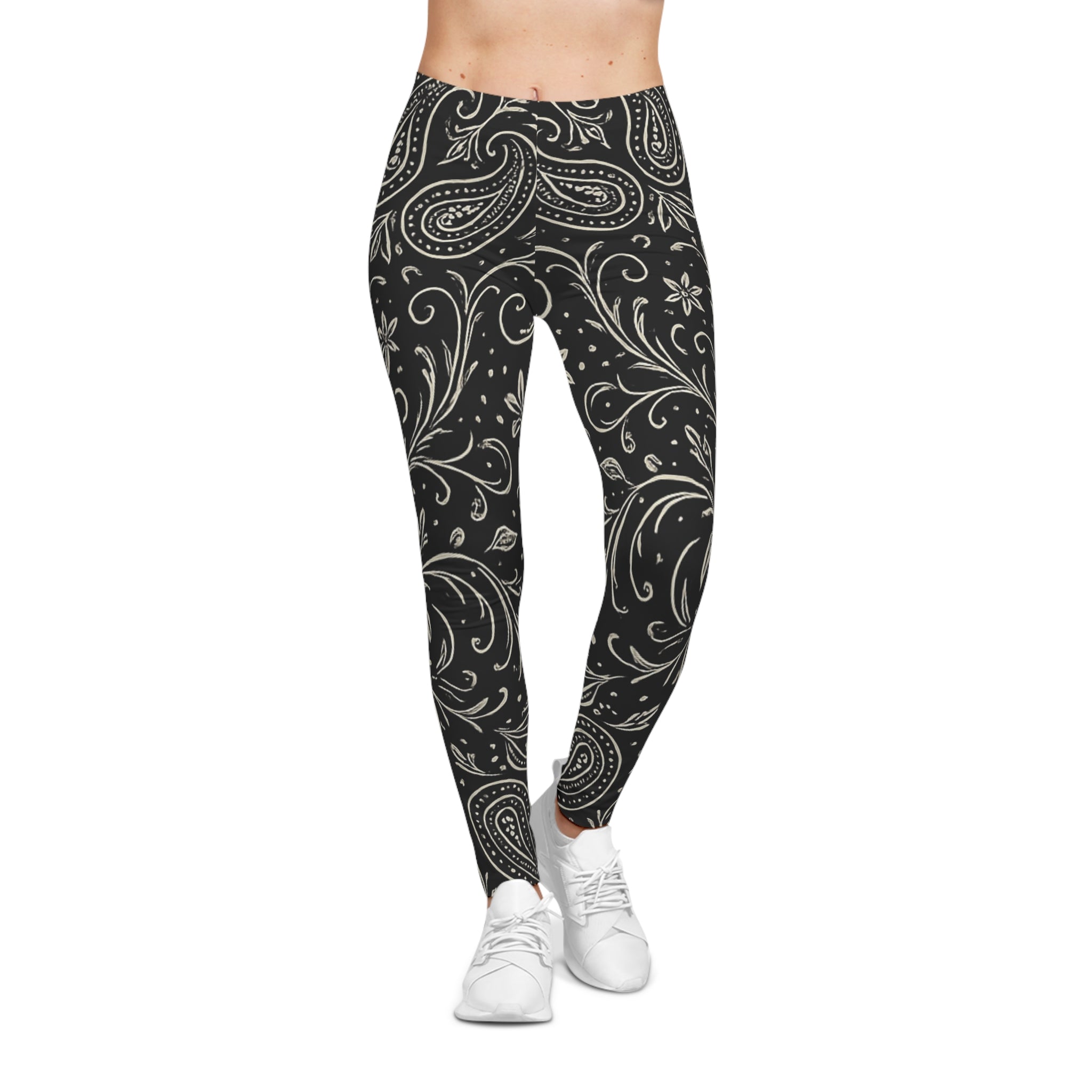 Black Paisley Floral Leggings | Split Pattern Leggings
