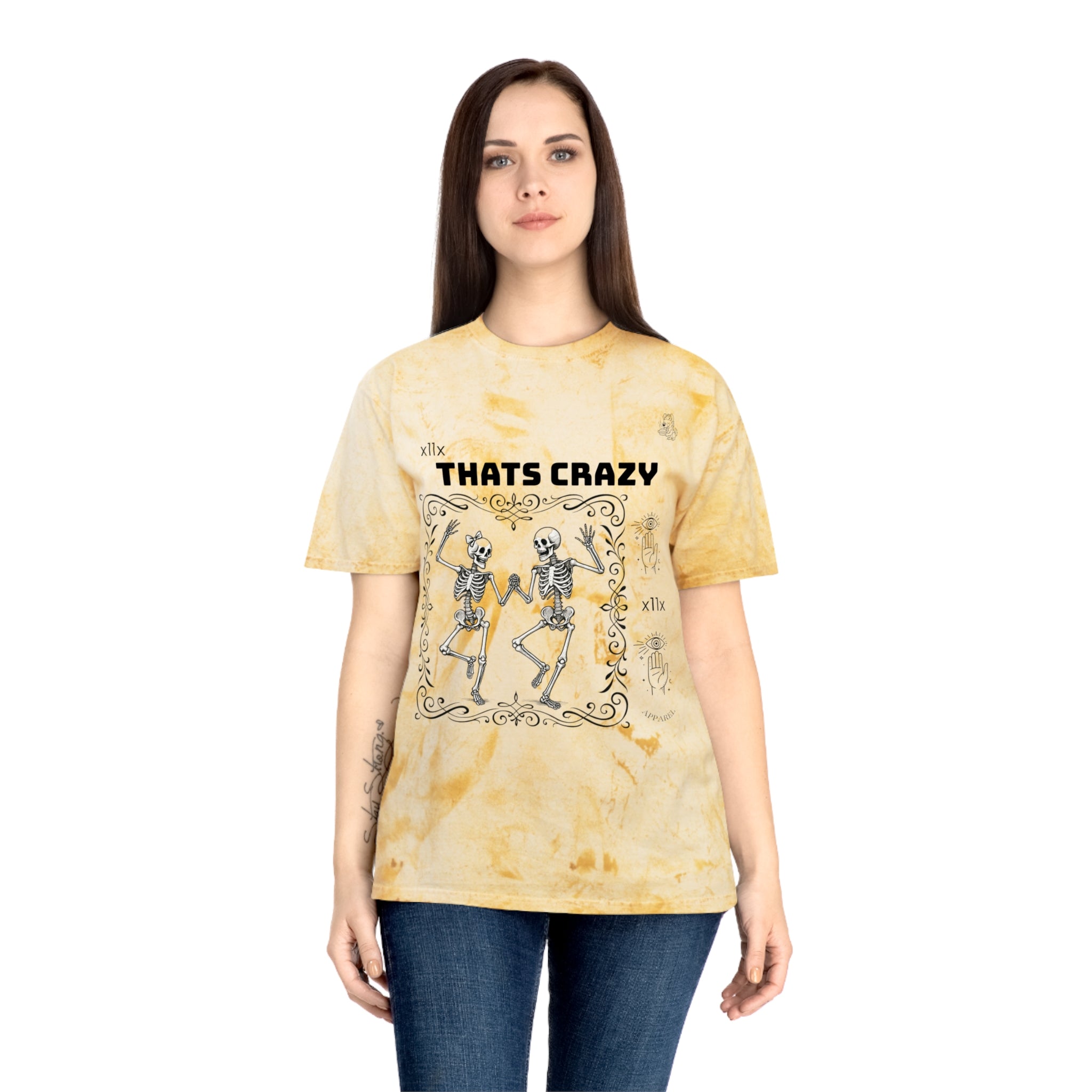 Vintage Tie-Dye Tee — “THATS CRAZY” Dancing Skeletons Graphic