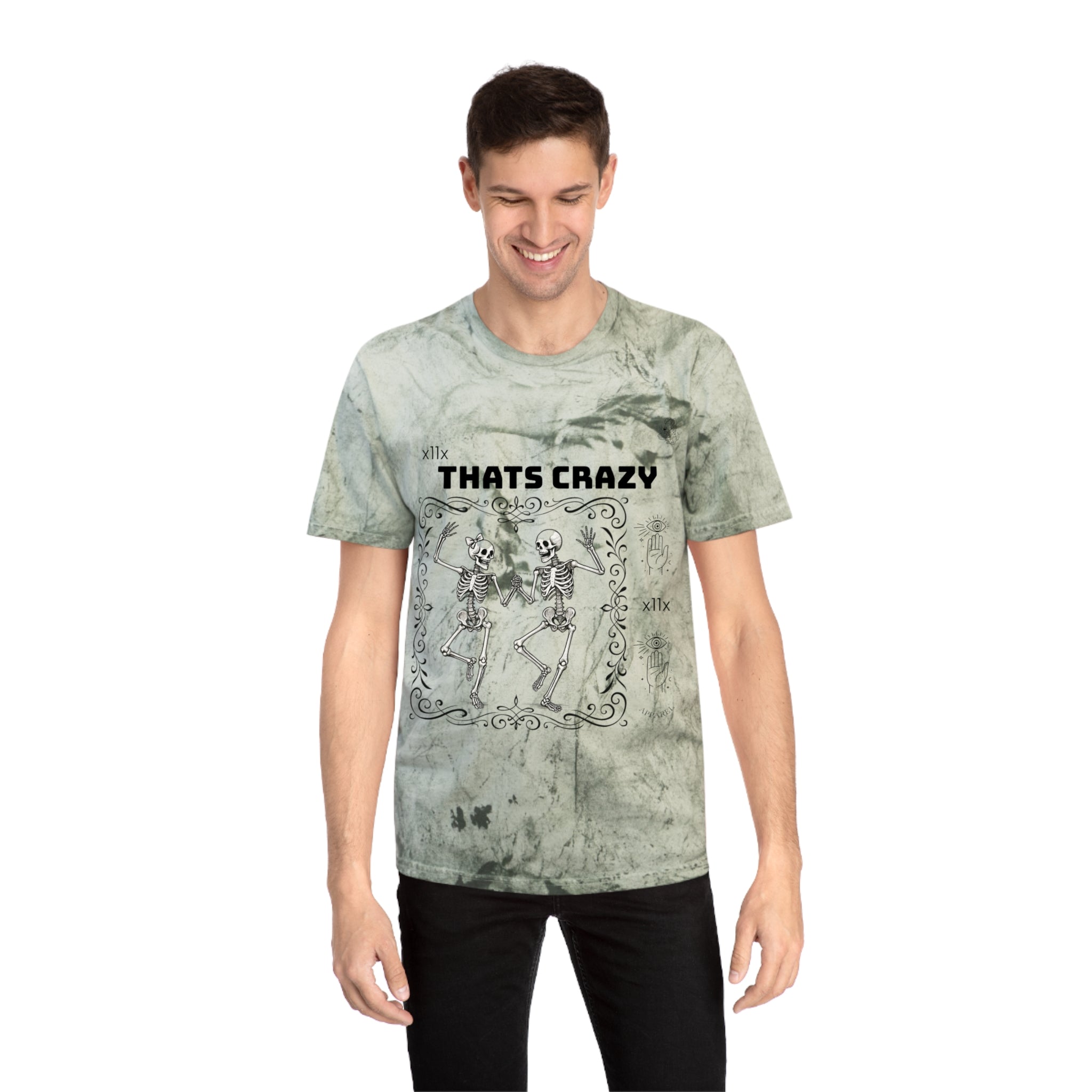 Vintage Tie-Dye Tee — “THATS CRAZY” Dancing Skeletons Graphic